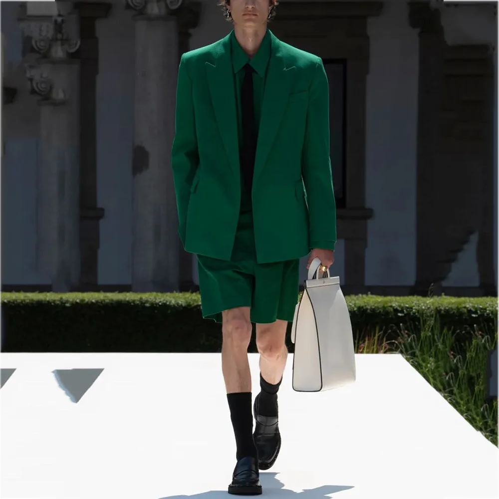 

Classic Green Suits For Men Straight Front Flat Summer Male Clothing Peak Lapel Jacket with Short Pants Casual Daily Set