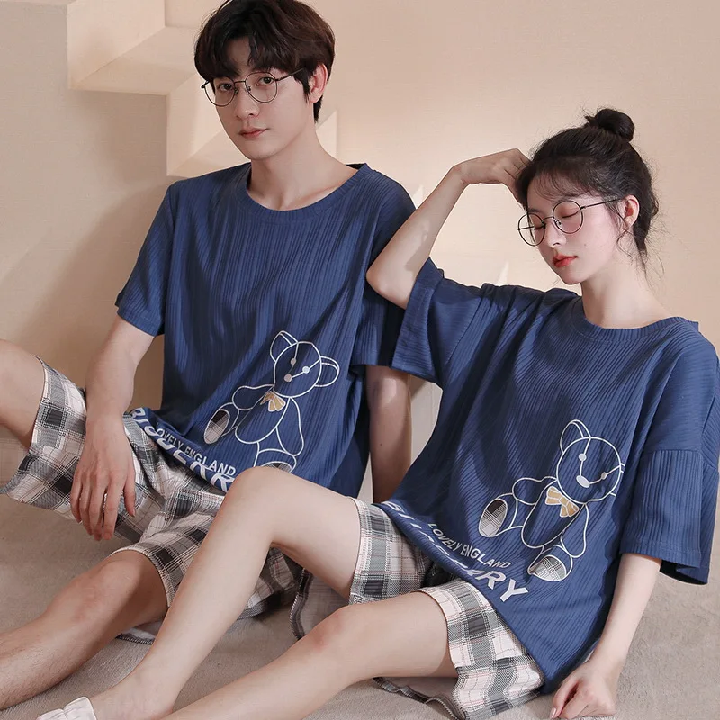 Cotton Couples Pajamas Set For Men Women Summer Short Sleeves Sleep Top & Shorts Homewear Female Male Night Clothing hombre