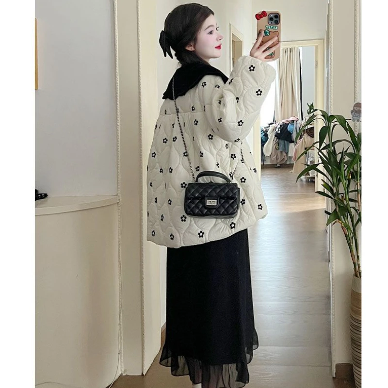 Korean Style Fashion Sweet Doll Collar Cotton Jackets for Women Autumn Winter Vintage Elegant Loose Casual Floral Printed Coats