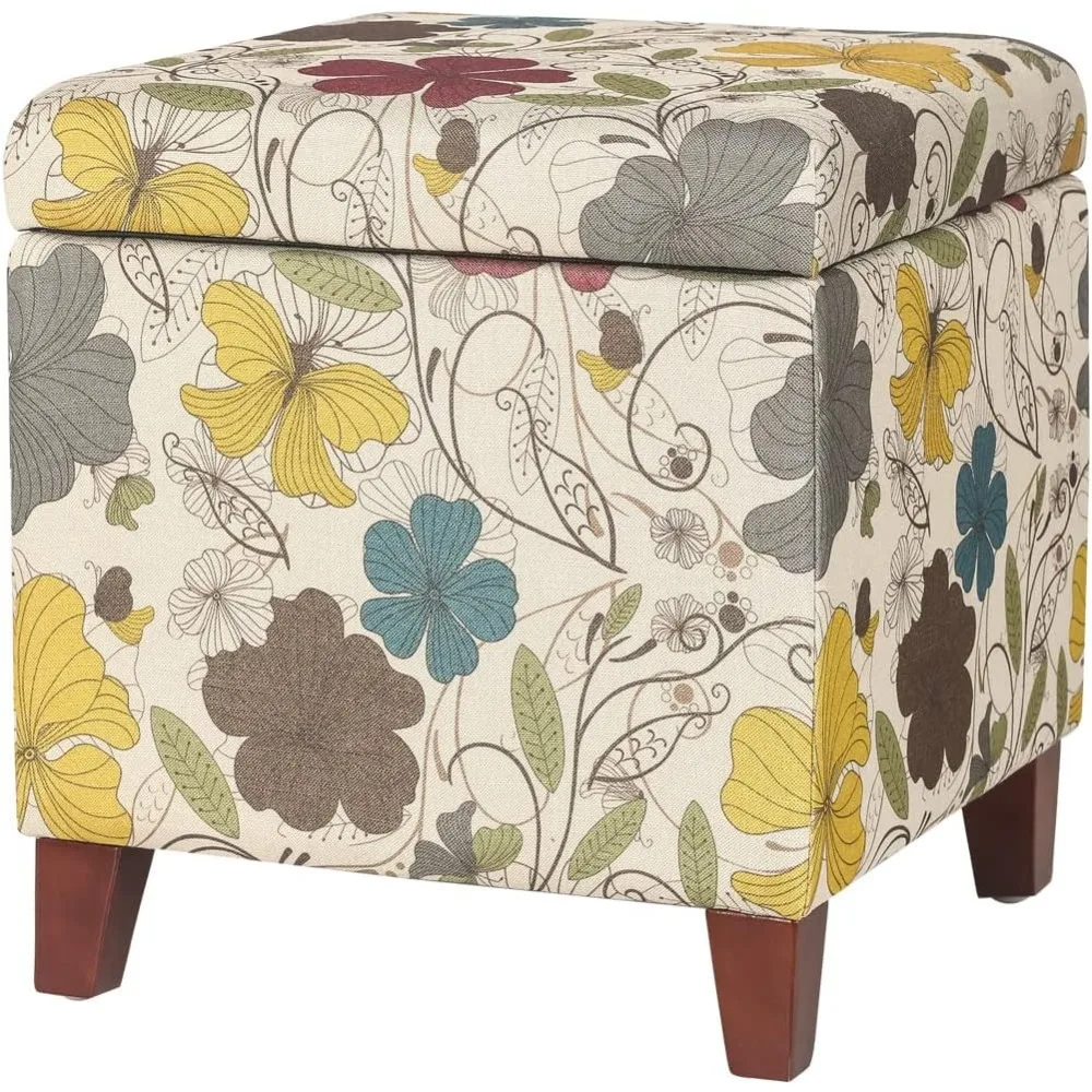 

18 Inch High Cube Ottoman Storage, Floral Printed Linen Chair Foot Stools, Upholstered Vanity Stool with Hinged Lid, Solid