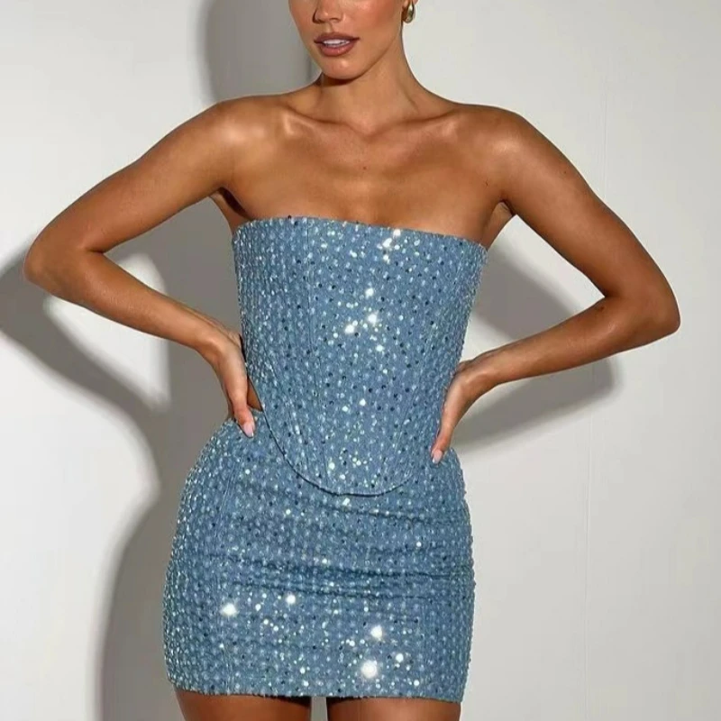 Sequin Denim Hollow Out Strapless Tank Top and Mini Skirt Suit Summer Sexy Bodycon 2 Pieces Set Fashion Outfits for Women 2024