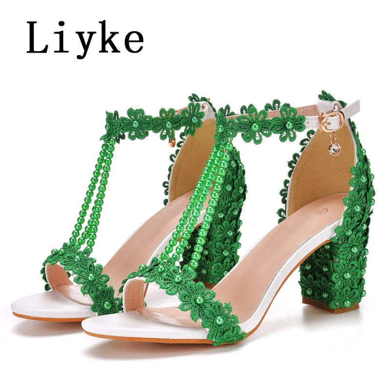 

Liyke Sexy Green String Bead Designer Sandals Female Pearl Flowers Square High Heels Summer Open Toe Buckle Strap Shoes Women