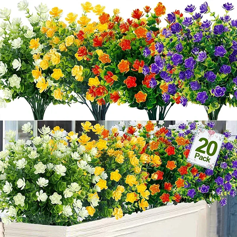 

20 Bundles Outdoor Artificial Flowers Plants Decoration UV Resistant Plastic Flowers for Outside Faux Plants for Home Decor