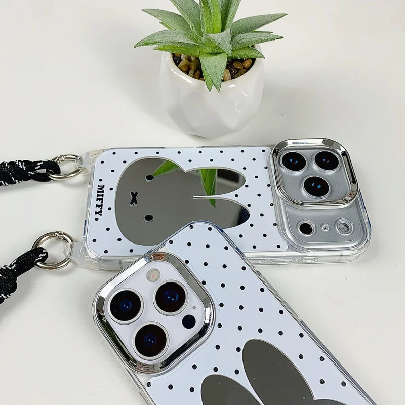 Luxury Make Up Mirror Cute Cartoon Miffy Polka Dots Phone Case For iPhone 15 16 17 Pro Max Lovely Miffy Wrist Strap Back Cover