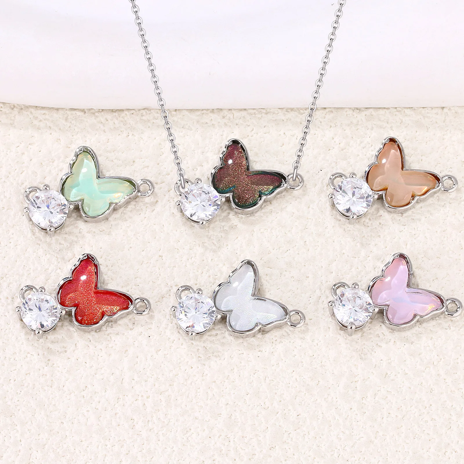 

10PCS Wholesale Butterfly Zircon Necklace Charm Copper Turkish Handmade Pendant Women Men Bohemian Jewelry Gift Adjustable Chain
