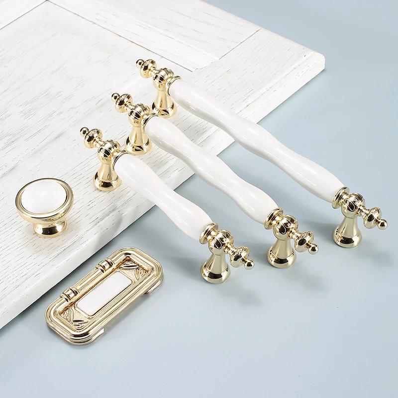 European White Furniture Pulls Fashion Ceramic Cabinet Handles Pure White Gold Style Zinc Furniture Handle Hardware