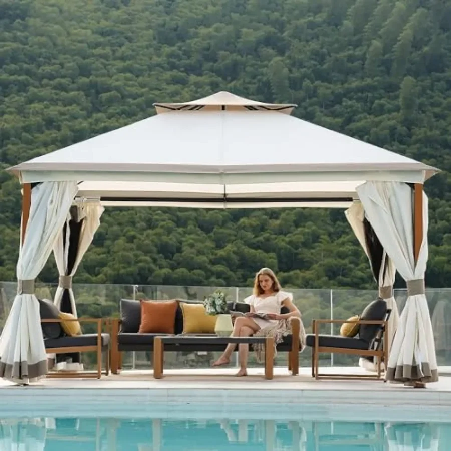 10x13 FT Outdoor Double Quick Assembly Detachable Vent t Top Gazebo with Mosquito Netting and Curtains 130 Sq Ft of Shade for B