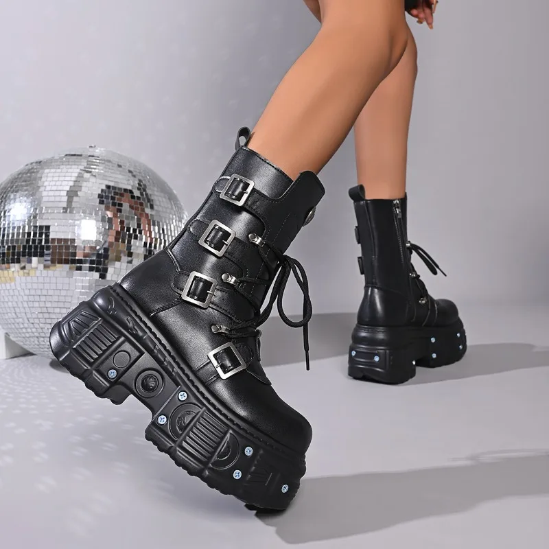 

Women Punk Boots 9cm Platform Personalized Design Shoes Leather Cool Rock Boots Retro Chunky High Quality Casual Outdoor Shoe 42