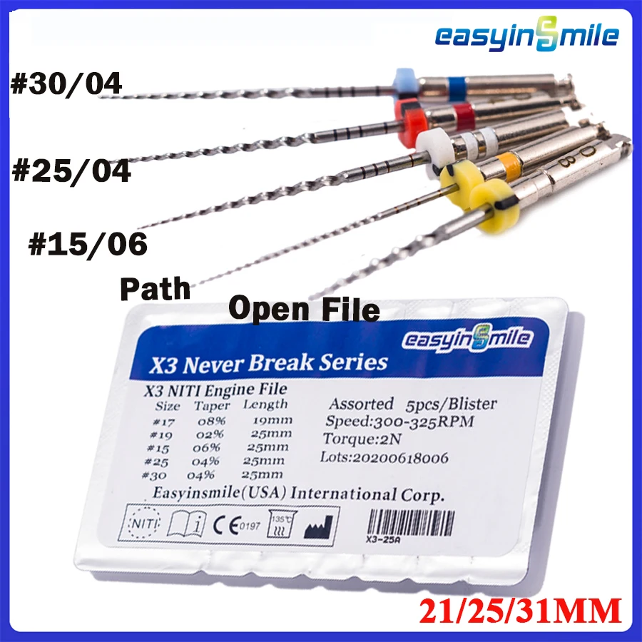 ESASYINSMILE Dental Endo limas rotativas X3 endodoncia NITI raíz canal Niti archivo curva canal camino FIle y archivo abierto 21/25/31MM