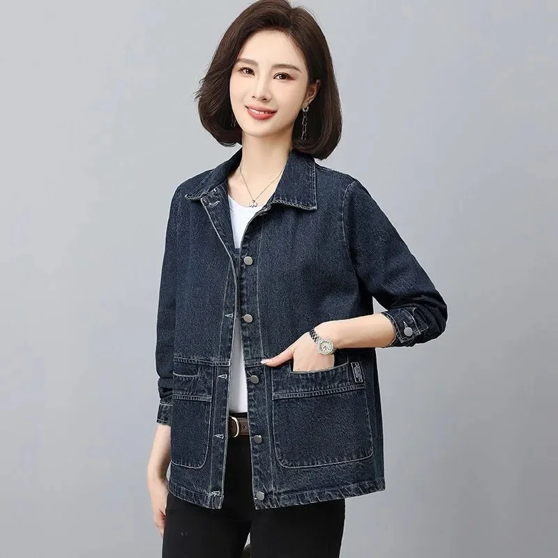 Denim Jacket Loose New Style Spring and Autumn Western Style Jacket for Middle-aged Casual Short Cut Anti-aging top JJ1062