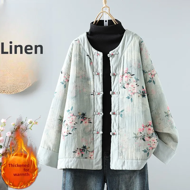 

Elegant Retro Print Cotton Jacket for Women with Button Detail Long Sleeve Versatile Winter Fashion Anti-Aging Outerwear