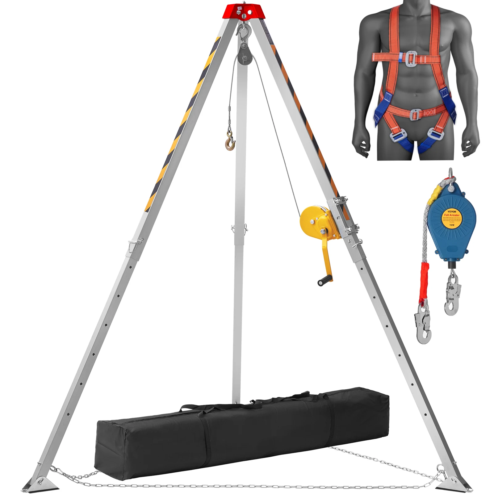 VEVOR Confined Space Tripod Kit, 1200/1800 lbs Winch, 7' Legs and 98' Cable,32.8' Fall Protection, Harness, Storage Bag