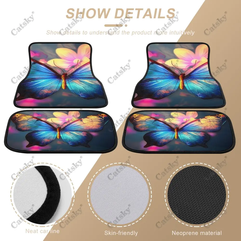 Beautiful Blue Butterfly Car Floor Mats 4-piece Set Front Rear Carpet Stain-resistant Set Suitable for SUV Truck Interior Decor