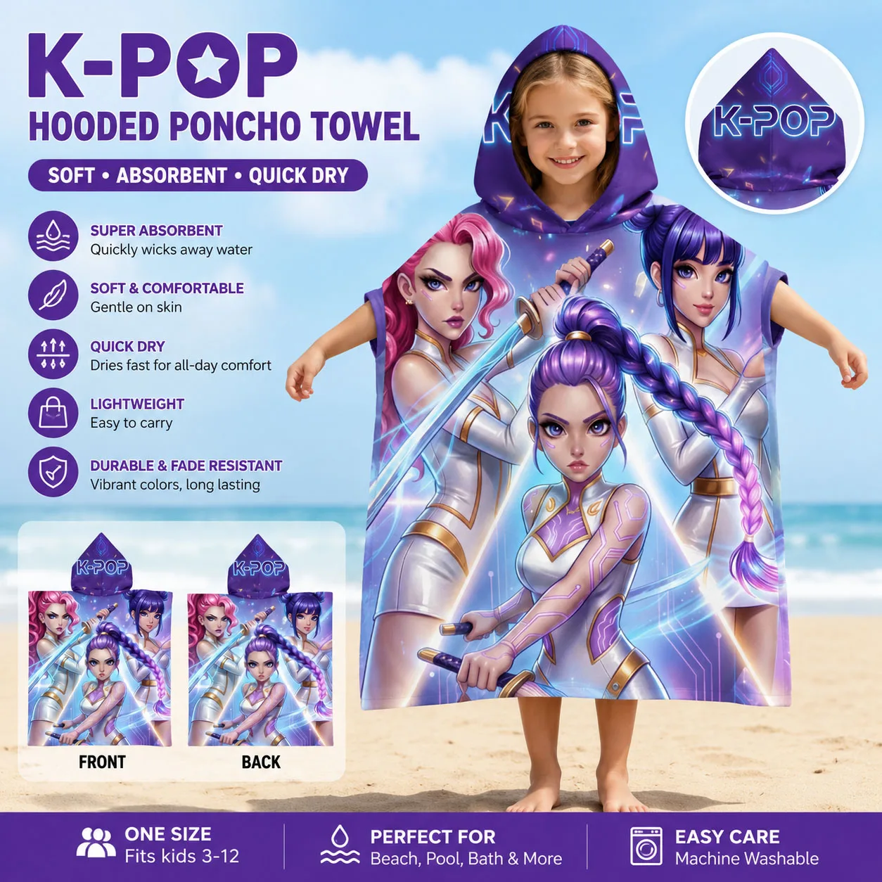 I Love K-pop Bathrobe Soft Bathrobe Super Absorbent Side Buttons Suit For Beach Pool Seaside Camping For Girl&Boy Age 2-11