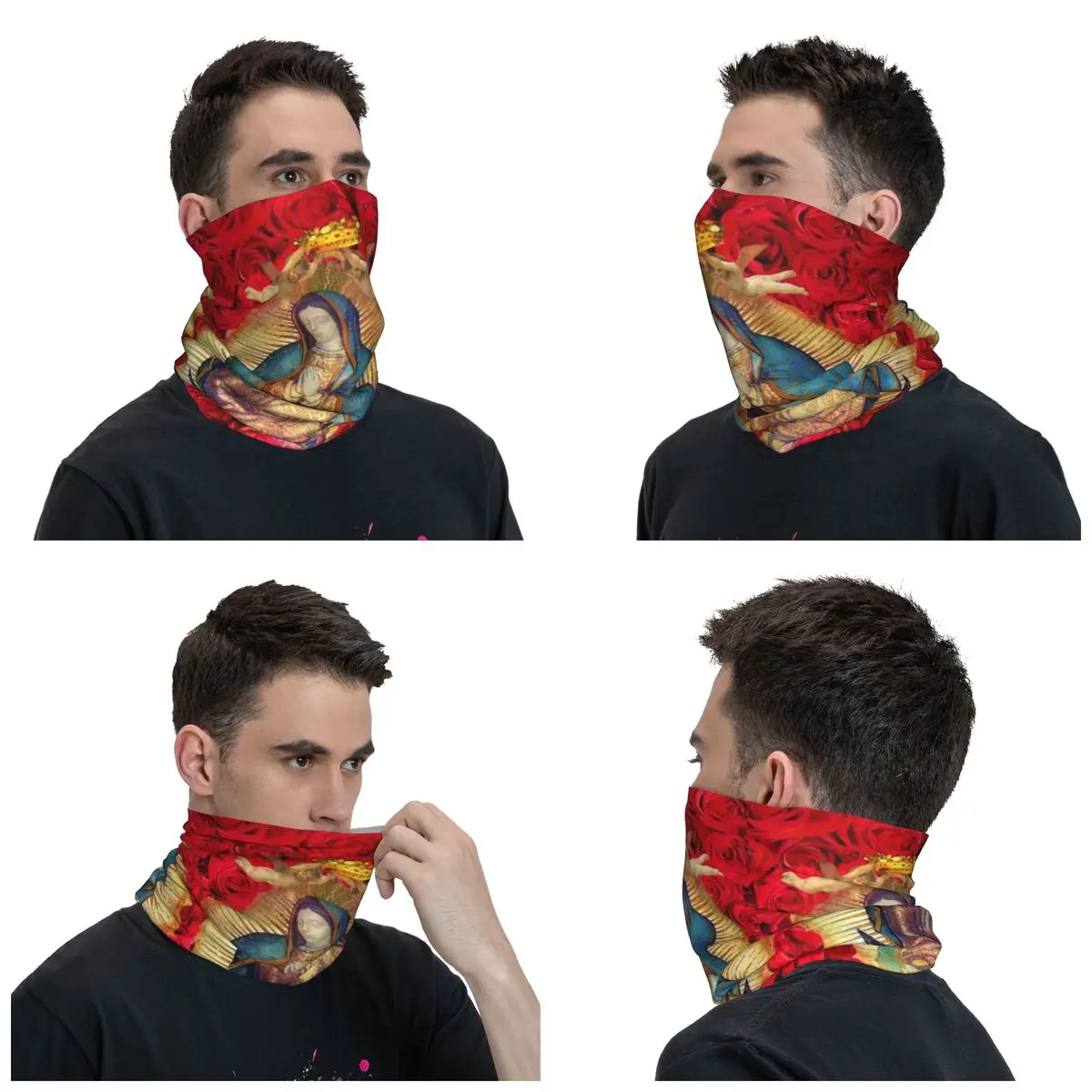 Guadalupe Virgin Mary With Flowers Bandana Neck Gaiter Windproof Face Scarf Cover Men Women Catholic Headwear Tube Balaclava