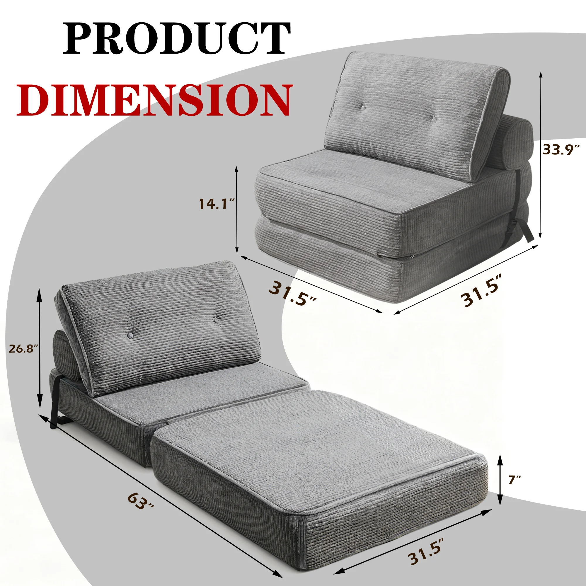 

Convertible Sofa Bed & Sleeper 63 Inch Corduroy Futon with Vacuum Compression for Living Room, Office, and Guest Accommodation