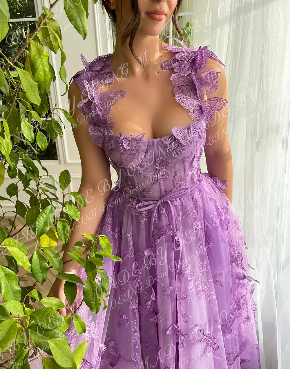 OEING Pastrol Purple Prom Dresses Fairy Spaghetti Strap 3D Butterfly Tea Length Party Dress For Women Lace Up Back Evening Gowns