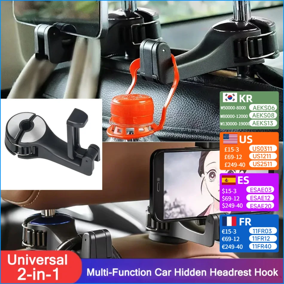 

Universal 2 in 1 Car Back Seat Headrest Hook for Bags, Wallets, Cloth Groceries Phone Holder Portable Seat Back Storage Hook