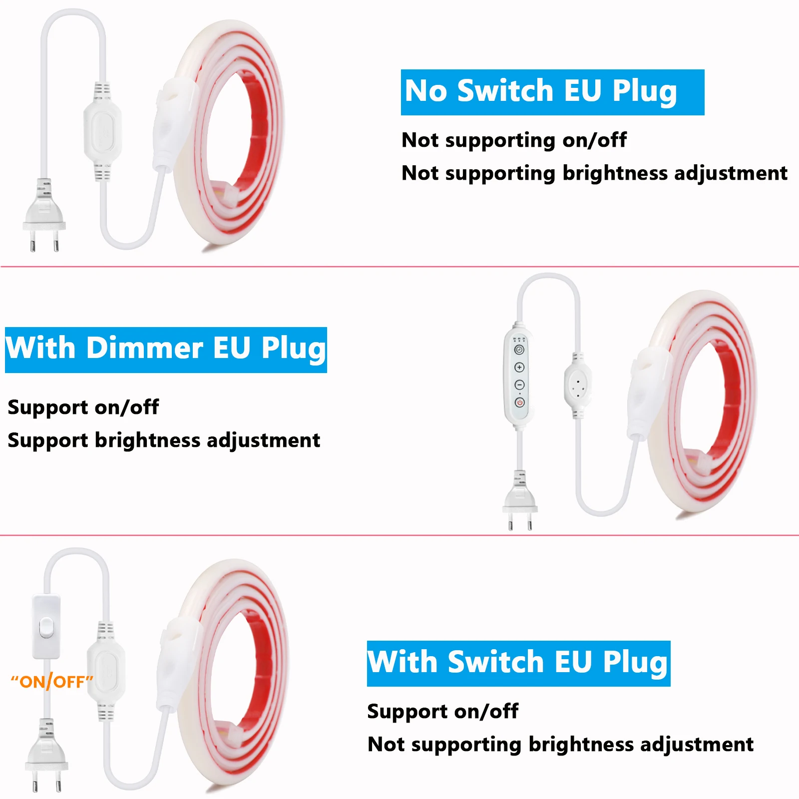 220V Switch Dimmable COB Neon LED Strip Light Waterproof Bright EU Power Dimmer Kit Flexible Adhesive Tape 288LEDs/M Home Decor