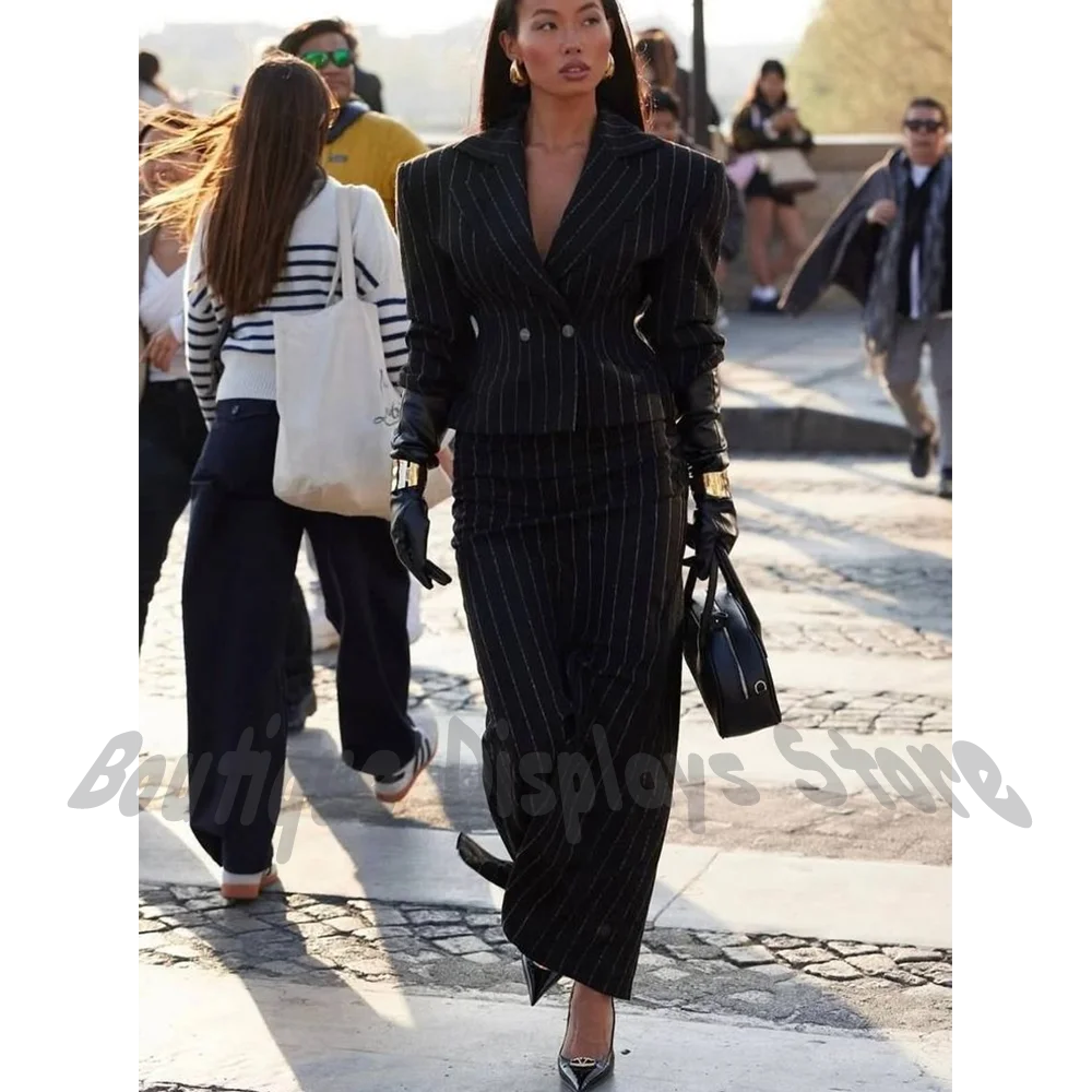 Classic Black Striped Women's Skirt Suits Two Pieces Elegant Outfit Notch Lapel Double Breasted Shopping Casual Clothing