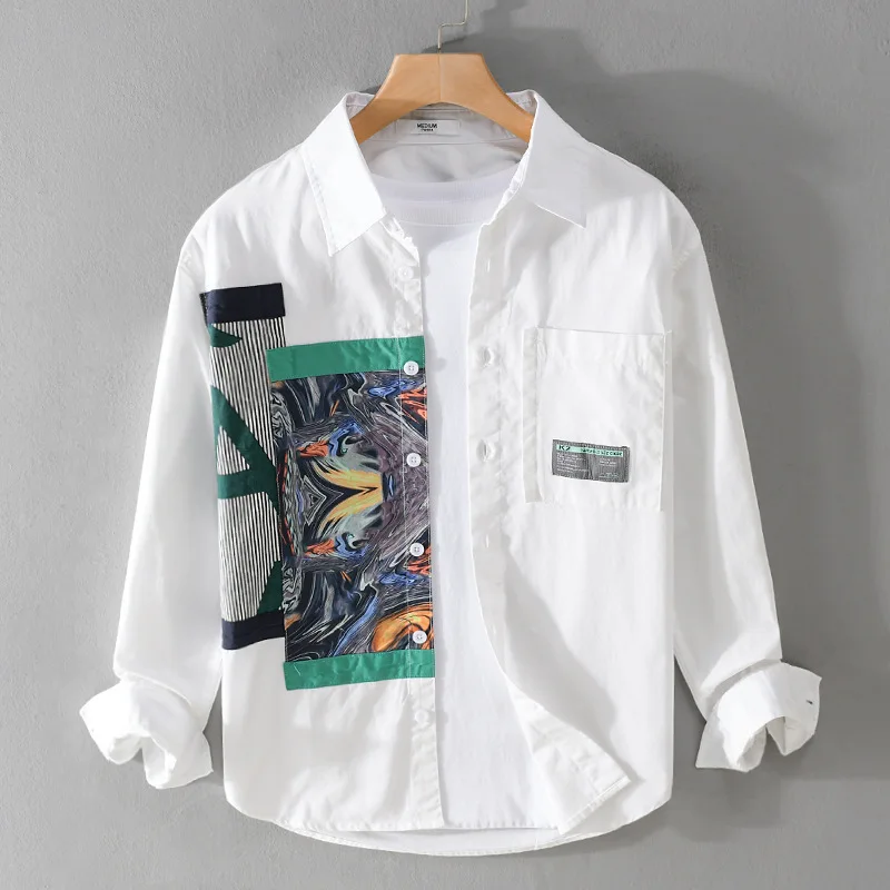 Fashion Mens Hawaiian Shirts New Trendyol Men Brand Quality Vintage White Long Sleeve Shirt Casual Patch Stich Clothing Techwear