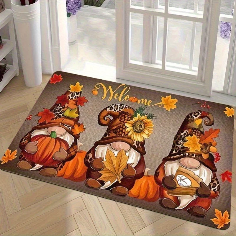 Fall Gnomes Doormat Cute Thanksgiving Pumpkin Sunflower Maple Leaf Welcome Mat Anti-Slip Entrance Rug Carpet for Front Door