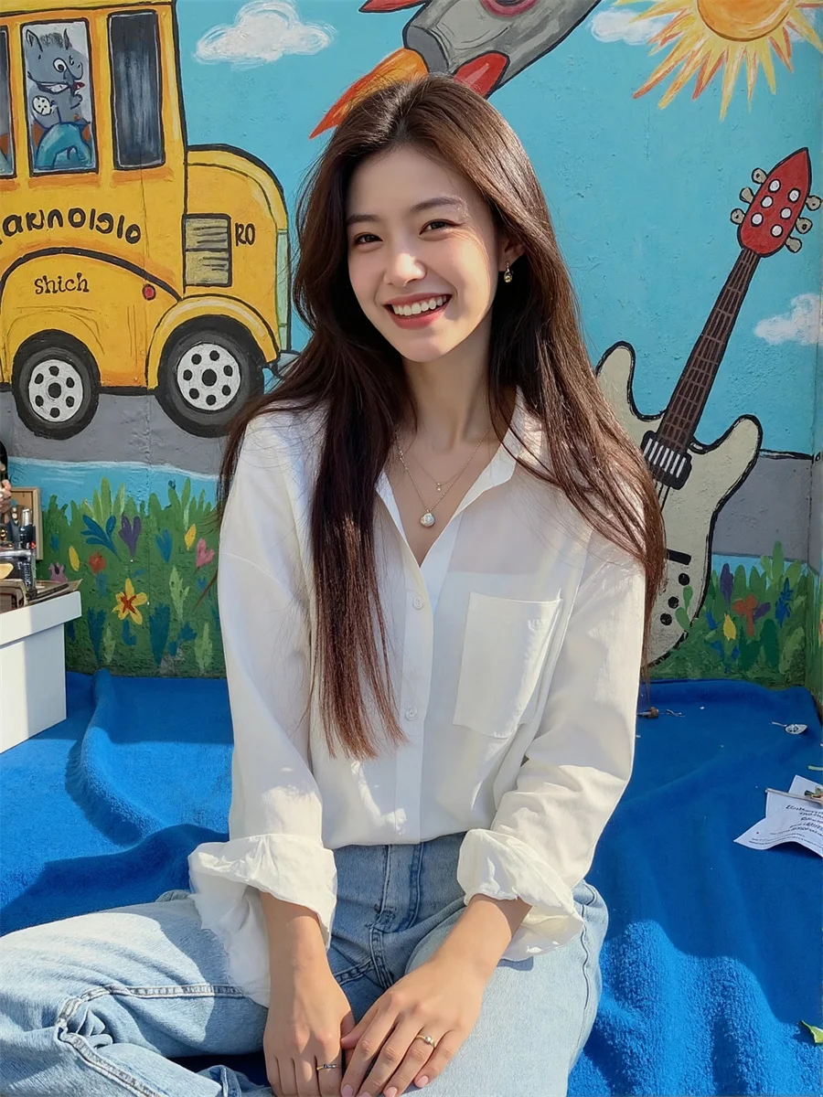 Langarm-Damen-Oberbekleidung, Hemden, geraffter Streifen, vertikaler Liniendruck, Knopfleiste vorne, ästhetisch, modisch, einfach, minimalistisch