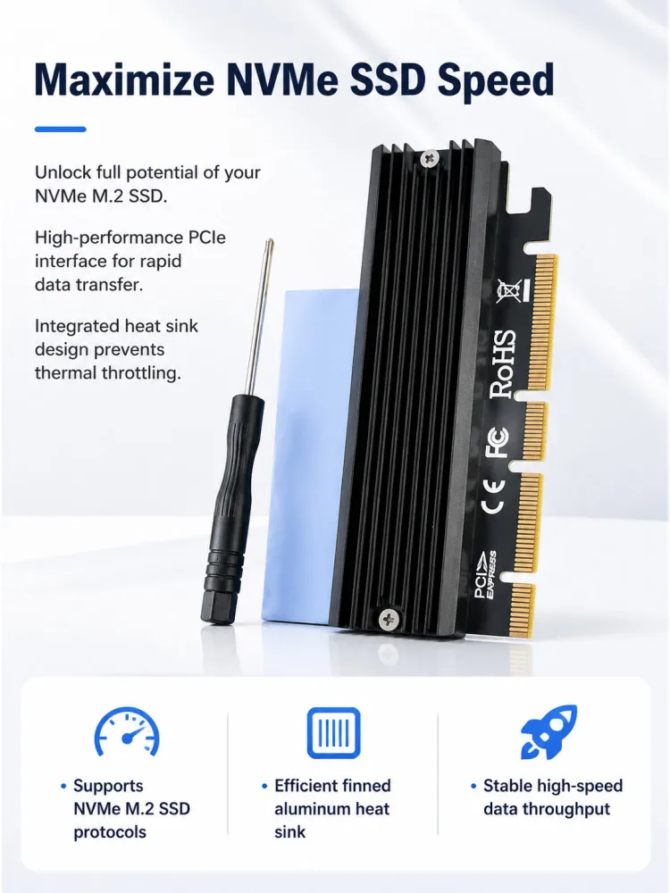 NVMe Adapter M.2 PCIe SSD zu PCI-e X4/x8/x16 Konverterkarte mit Kühlkörper für M.2 (M Key) NVMe SSD 2280/2260/2242/2230 – Detail 2