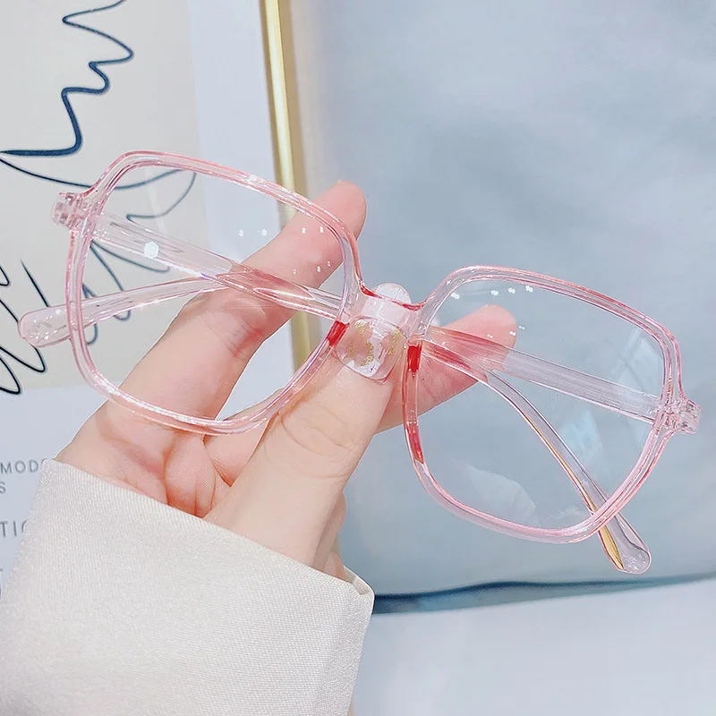 Myopia Glasses Anti-Blue Light Nearsighted Glasses Women New Large Frame Korean Transparent PInk Frame Glasses -0.5 to -6.0
