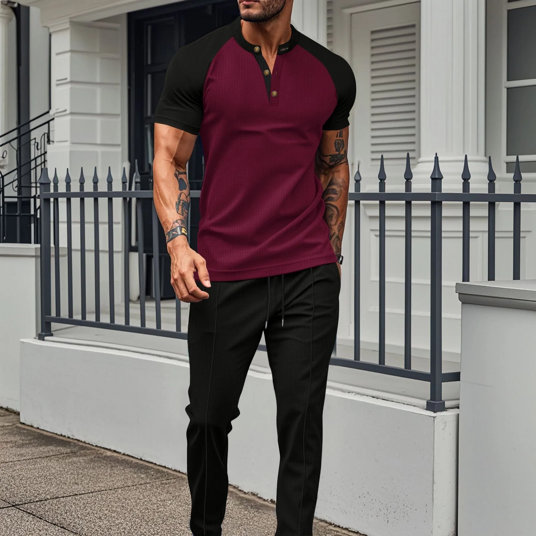 Cross-border men's suit: European and American 2025 summer color-block casual crew-neck short-sleeve men's T-shirt and long pant