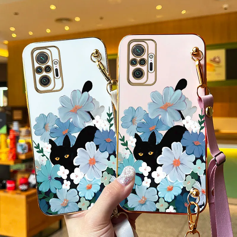 Hidden Cat Lanyard Plating Phone Case For Xiaomi Redmi Note 10Pro 10 10S 10T 11S 11 11TPro 11T 11Pro 11E 12Pro 12S 12 9 Cover