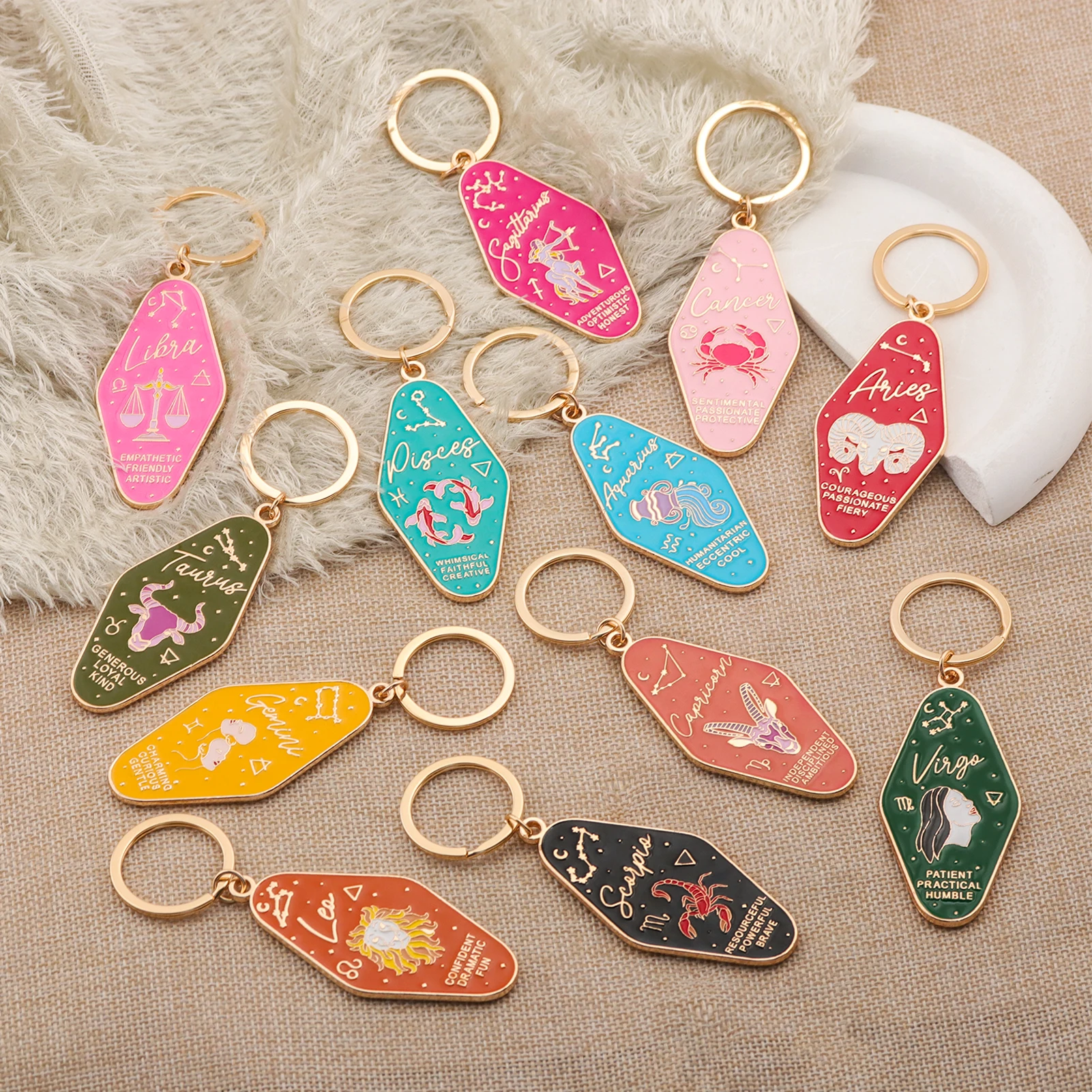 12 Zodiac Retro Motel Keychain Hard Enamel Constellation Key Ring Vintage Hotel Tag Astrology Bag Charm Gift for Astrology Fans