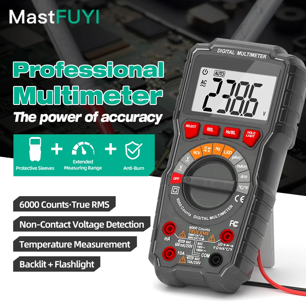 

Цифровой мультиметр MASTFUYI True RMS с емкостью 60000 мкФ NCV, защита от ожогов, вольт-ом, тестер электрооборудования