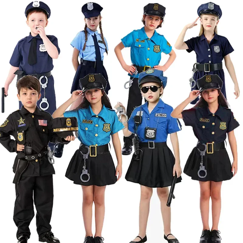 Kind Politieagent Cosplay Kostuum Jongens Meisjes Kid Politie Uniform Leger Politieagenten Kleding Halloween Rollenspel Feest Verkleedkleding