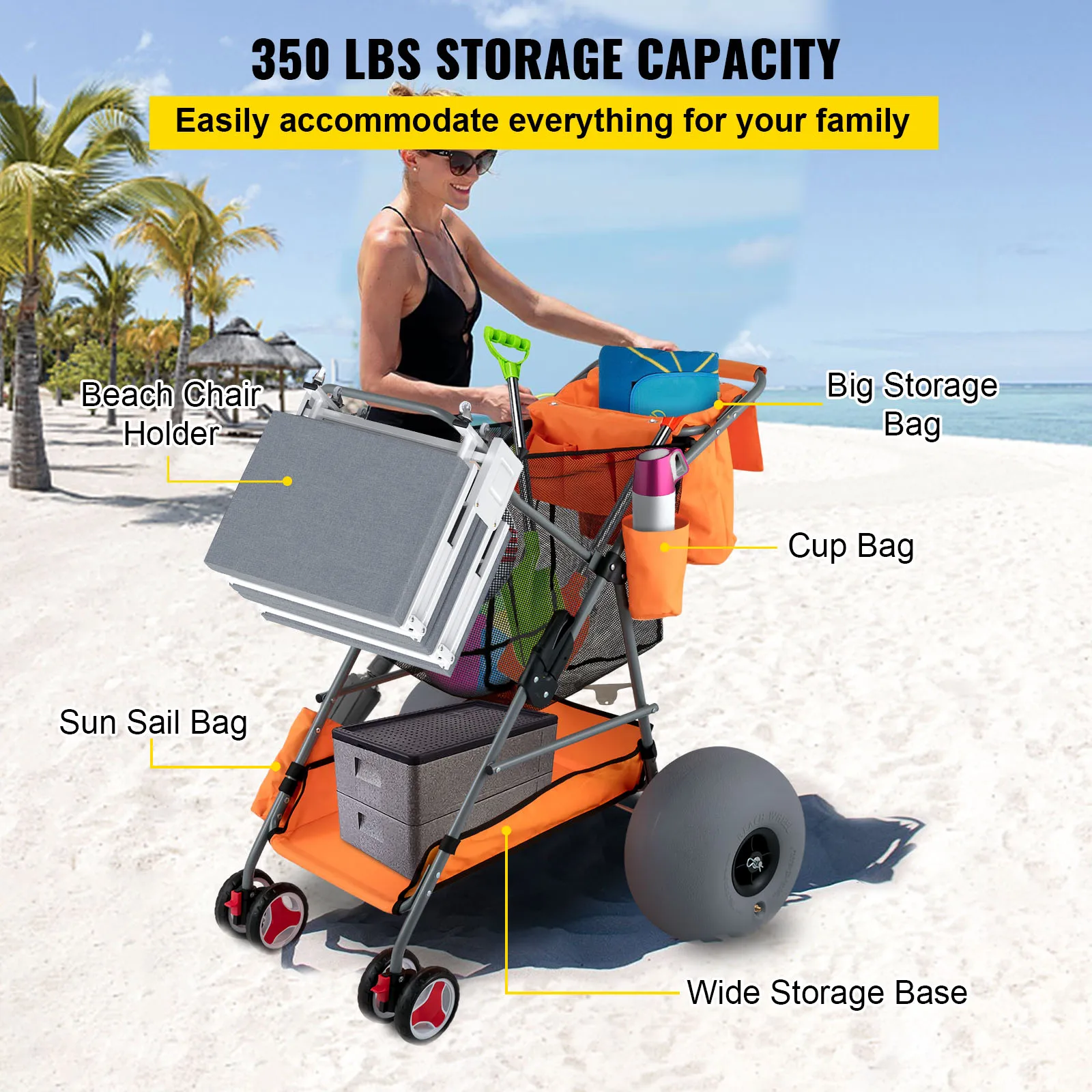 VEVOR  Folding Wagon Cart Orange/Blue Portable Outdoor Camping Beach Multifunction Adjustable Handle for Picnic Bbq Trolley