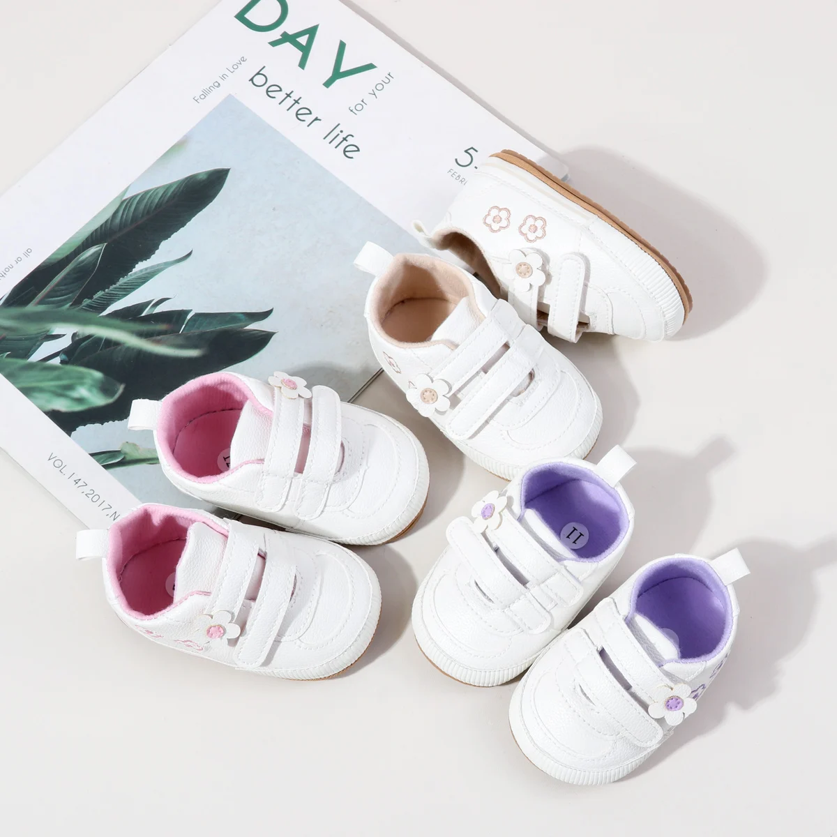 Spring and Autumn New Style Boys' and Girls' Baby Shoes Flower Pattern PU Casual Shoes 0-1 Years Old Learning Walkers Shoes