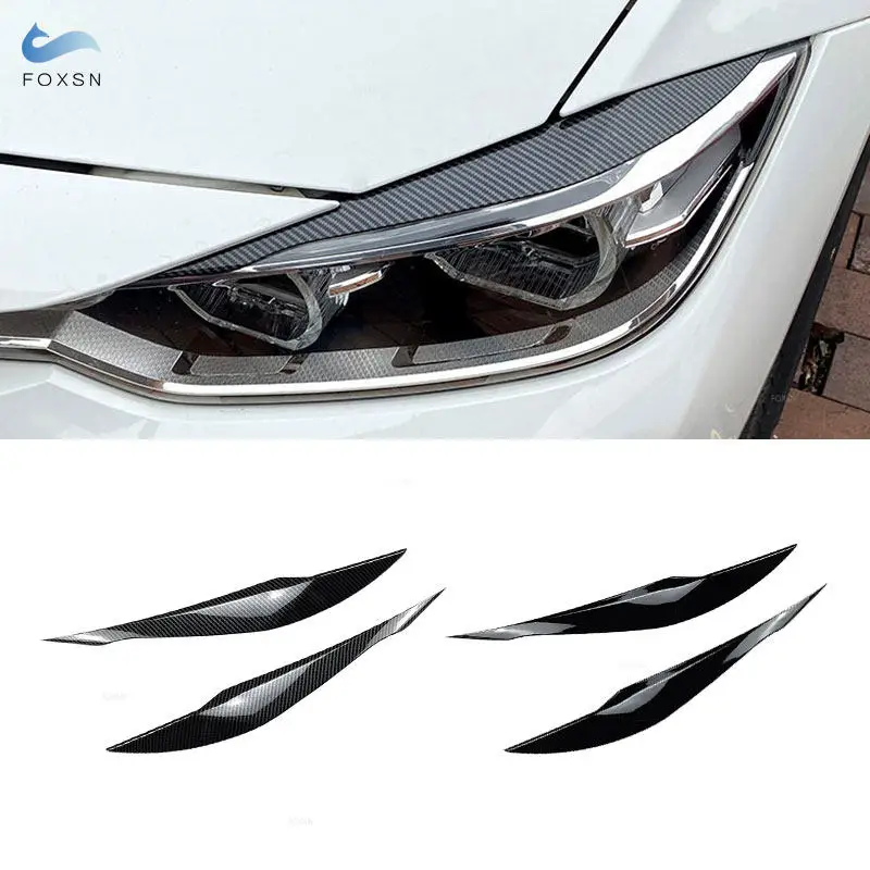 For BMW 3 Series F30 F31 2012-2018 ABS Carbon Fiber Texture Car Headlights Eyebrow Cover Eyelids Decorative Trim Glossy Black