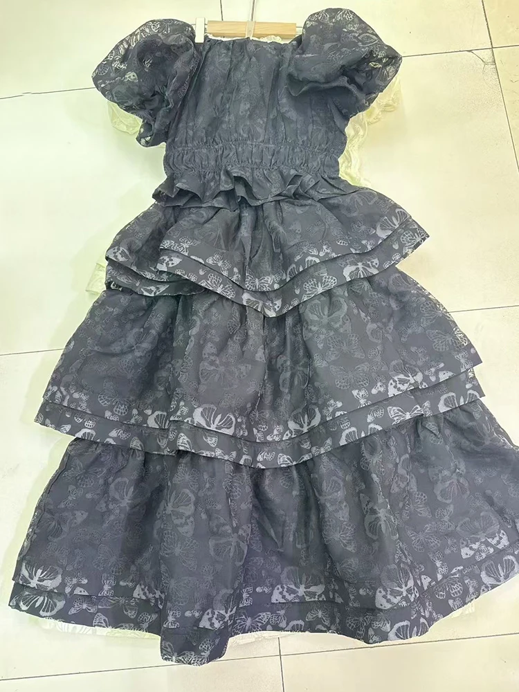 Retro polka dot print esticado-cintura camisa curta conjunto de duas peças para o verão 2025 roupas femininas + multi-camadas saia solta conjunto