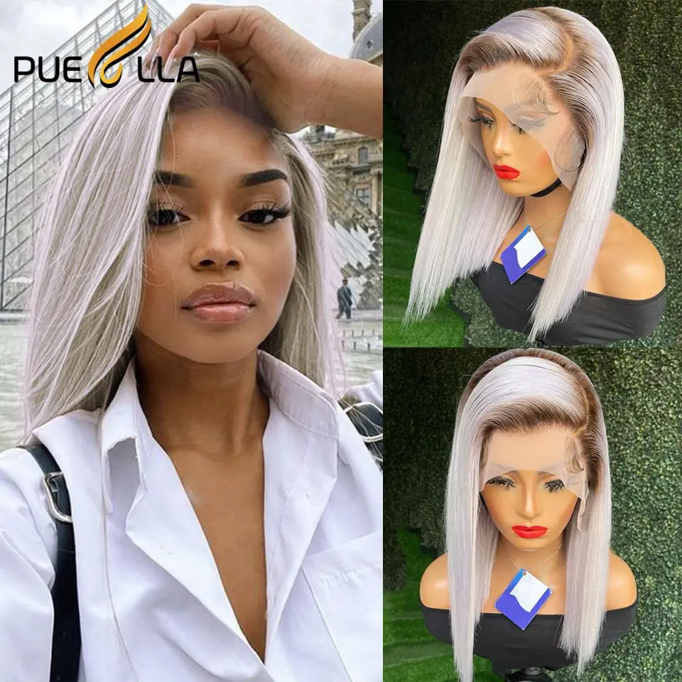 

Ombre Ash Blonde Bob Short Lace Front Human Hair Wig Grey Honey Blonde Color Pixie Cut Frontal 613 Wigs For Women Pre Plucked