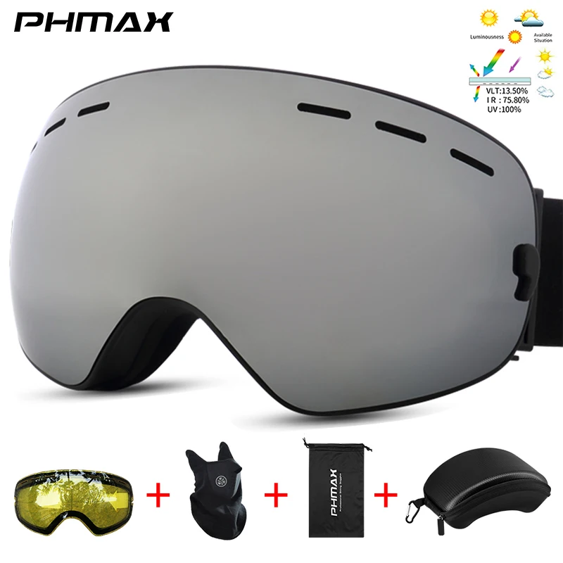 PHMAX Double Layers Anti-Fog Ski Goggles Set Snowmobile Eyewear Winter Outdoor Sport Ski Googles With Night Vision Yellow Lens