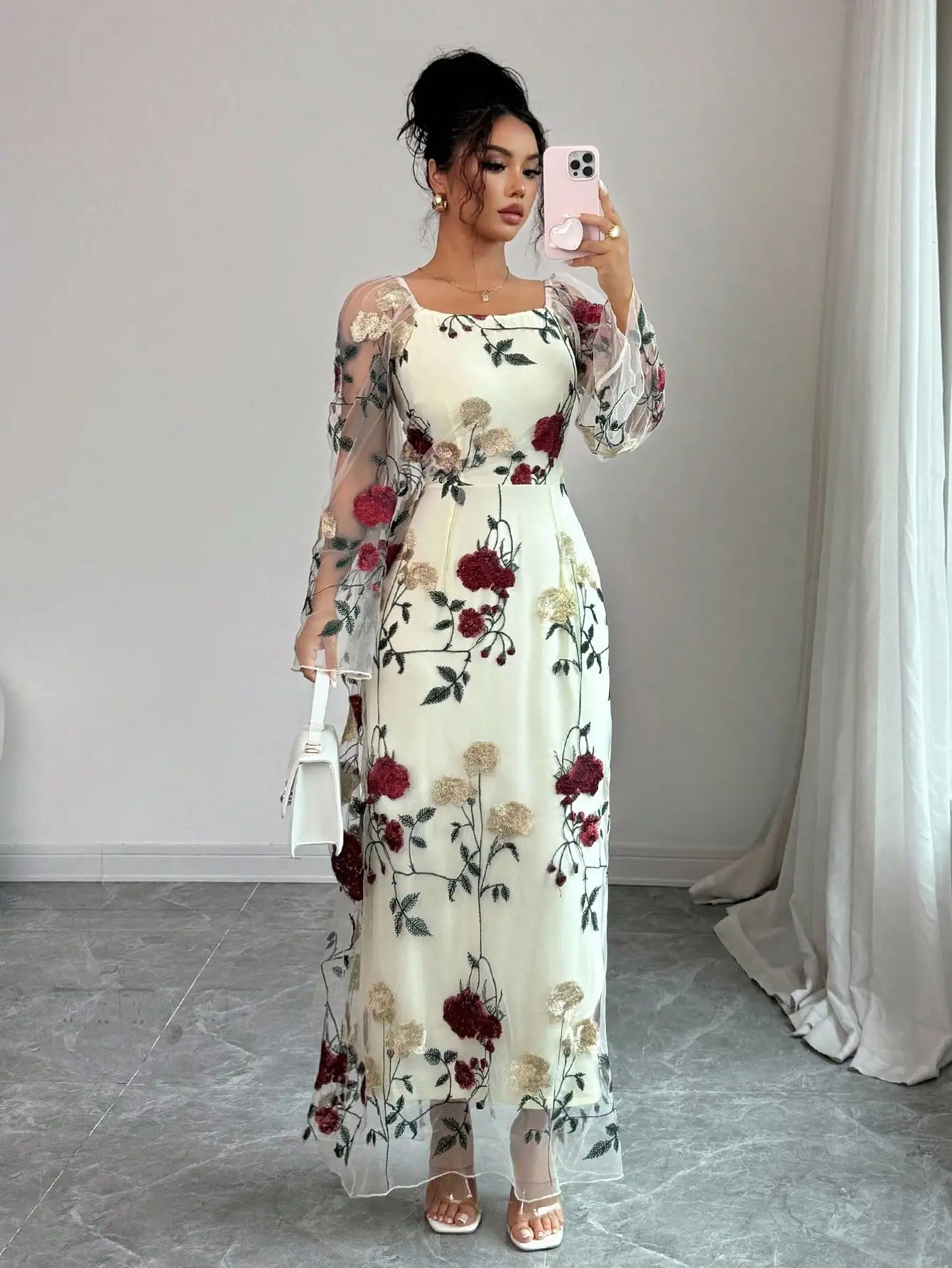 

Women's Square Neck Sheer Floral Embroidered Maxi Dress for Formal Events