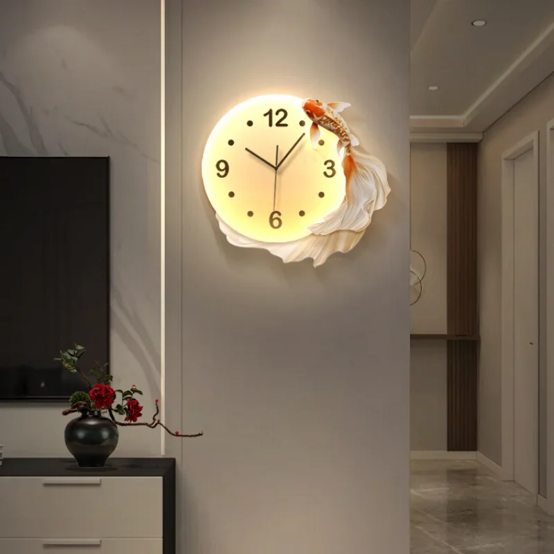 

Home Decor LED Light Koi Wall Clock Living Room Decoration Three-dimensional Silent Clock New Chinese Illuminated Wall Clock