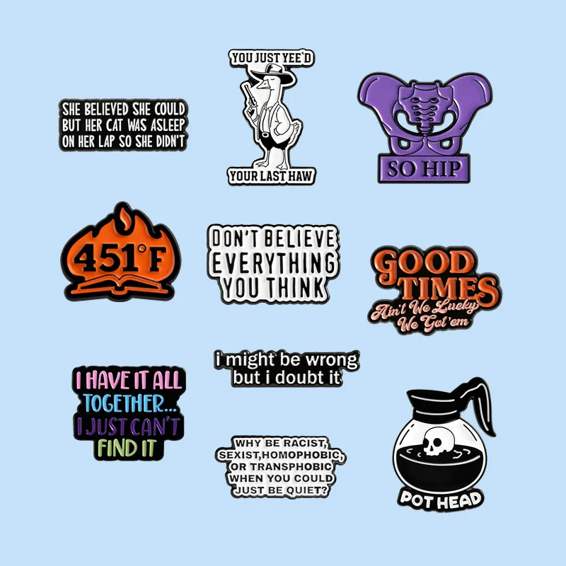 Creative Alloy Enamel Pin Series with Fun Quotes Flame Skeleton Teapot Design Badge