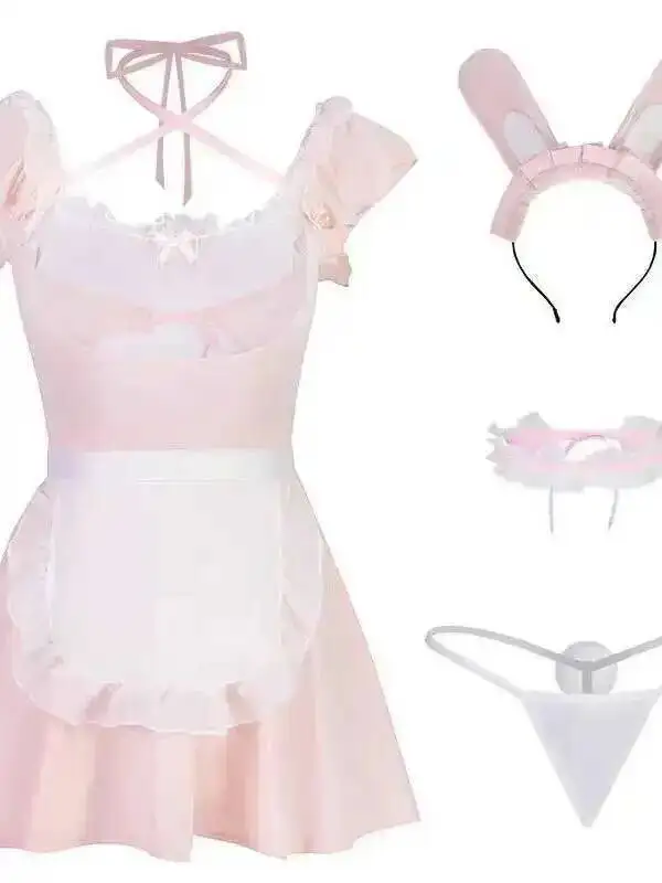 Erótico sm malha pura rosa empregada topos sexy renda suspender coelho menina uniforme vestido feminino elegante 2025 novos topos coreano iqi4