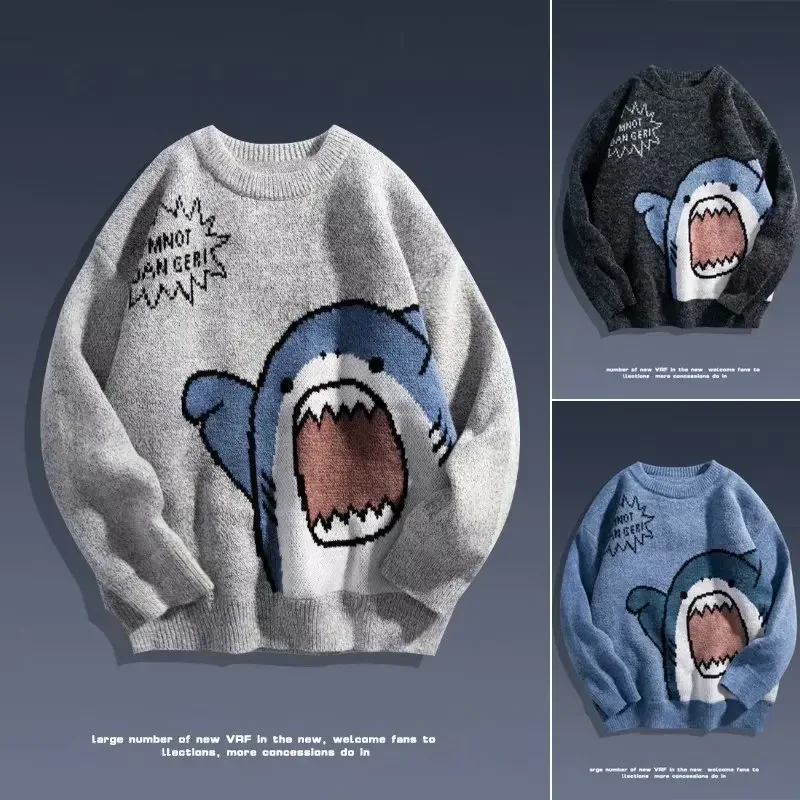 Autumn/winter Japanese Cartoon Shark Round Neck Couple Sweater Men's Trendy Brand Loose-fit Korean Knitted Top Hong Kong Style