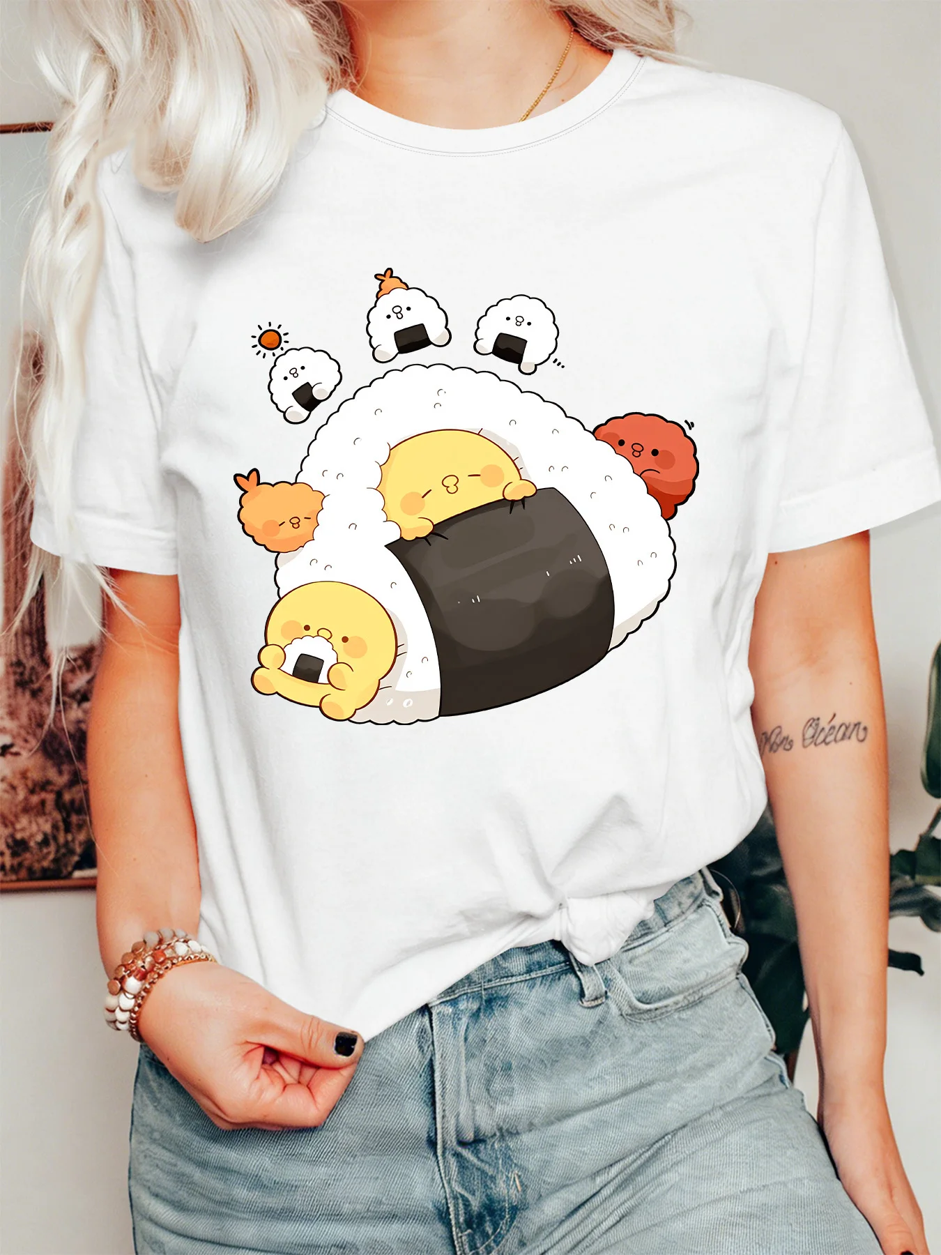 Adorable Japanese Sushi Womens T Shirt Kawaii Rice Ball Cartoon Graphic Tee Short Sleeve Casual Daily Streetwear Ladies Tops