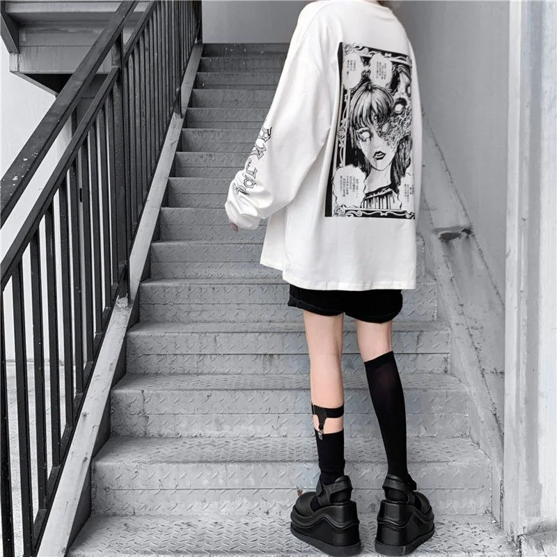 QWEEK Gothic White T-shirt Women\'s Harajuku Long Sleeve Mall Goth Top Vintage Grunge Alt Clothes Aesthetic Kpop Korean 2021