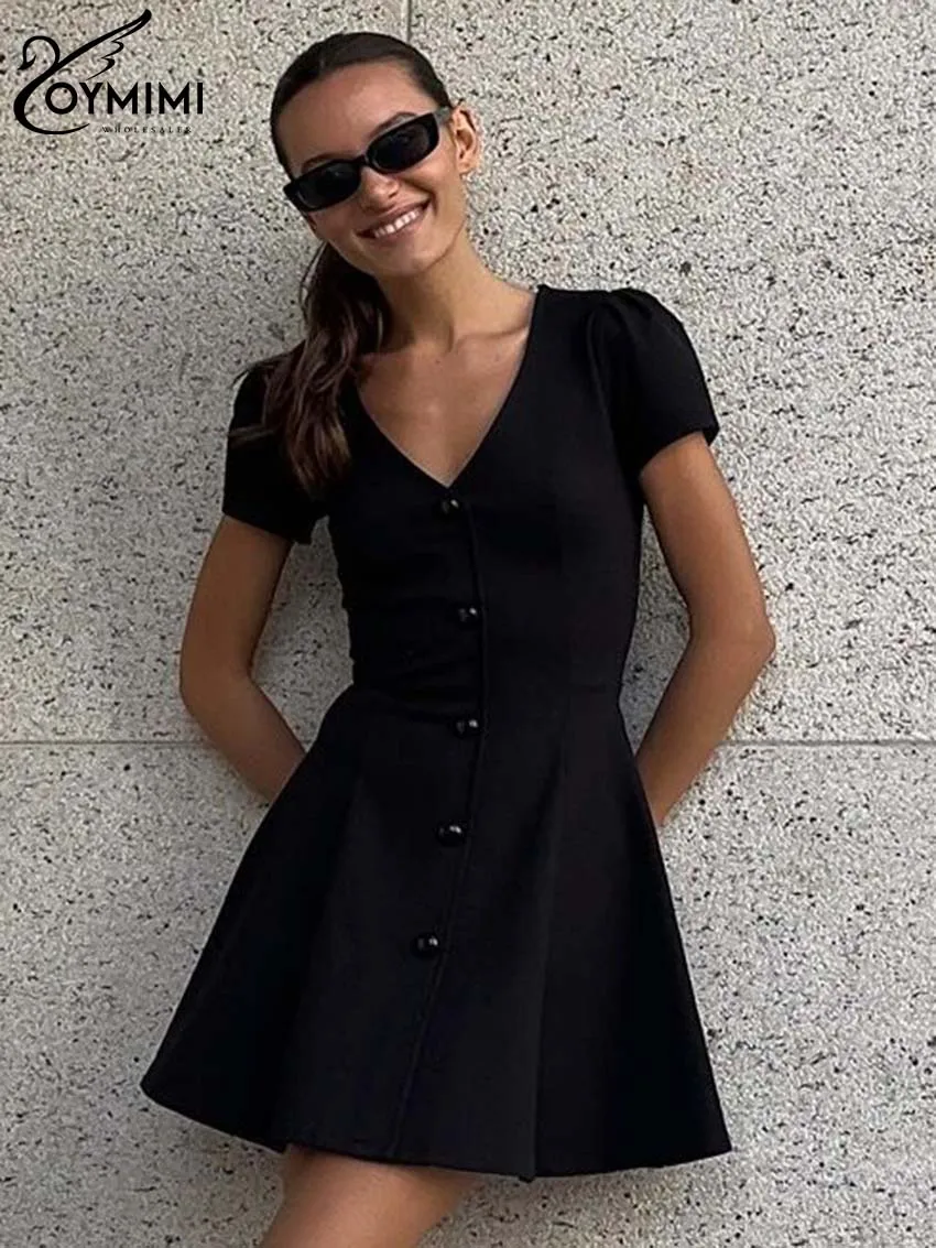 

Oymimi Elegant Black V-Neck Women's Dress Casual Short Sleeve Single Breasted Dresses Fashion Solid A-Line Dress Female Clothing