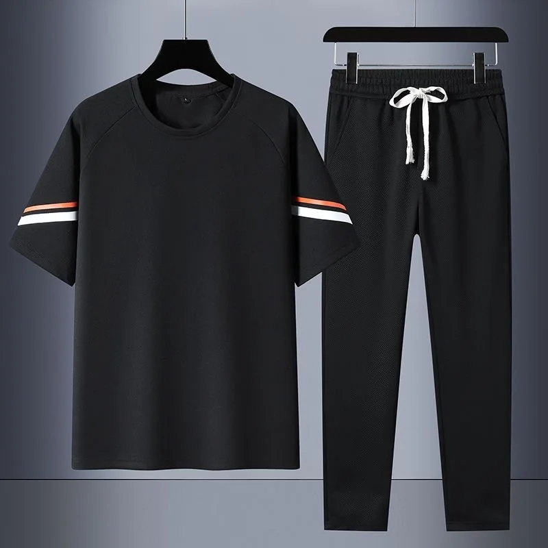 Summer New Fashion Sports Breathable Short Sleeve T-shirt Pant Suit Men's Casual Loose Large Size High Quality Two-Piece Set