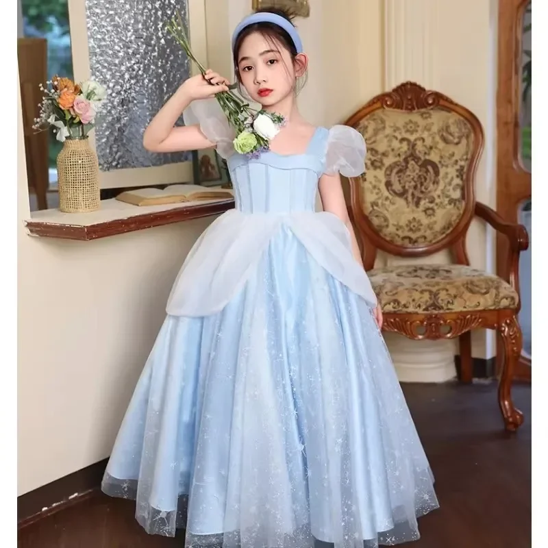 High-end Sweet Puff Sleeve Kids Gauze Vestidos Children Flower Girls Fairy Tale Princess Wedding Christmas Party Long Dress